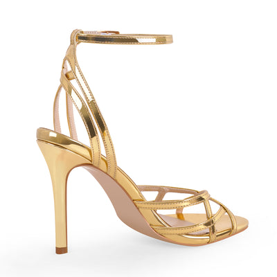 Gold Round Toe Ankle Strap Stiletto Sandals