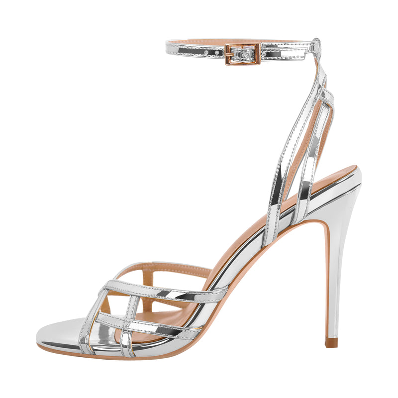 Gold Round Toe Ankle Strap Stiletto Sandals