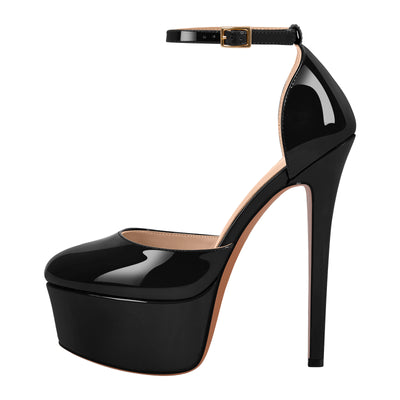 Round Toe Platform Ankle Strap Stiletto Pumps