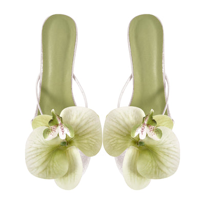 Flower Round Toe Clear Heel Thong Sandals Mules