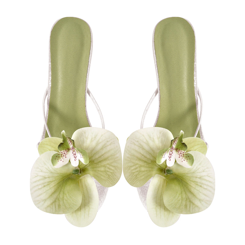 Flower Round Toe Clear Heel Thong Sandals Mules