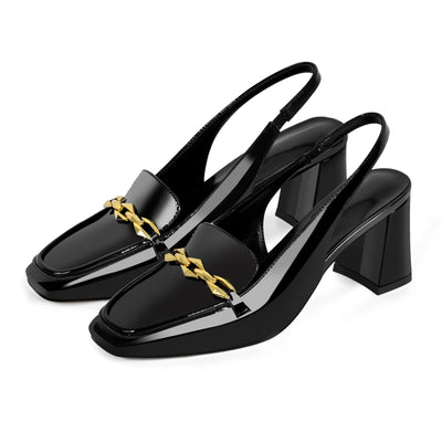 Square Toe Metal Chain Chunky Heel Slingback Pumps