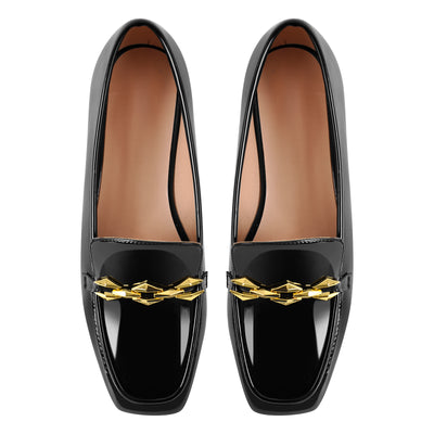 Square Toe Metal Chain Patent Leather Loafer Flats