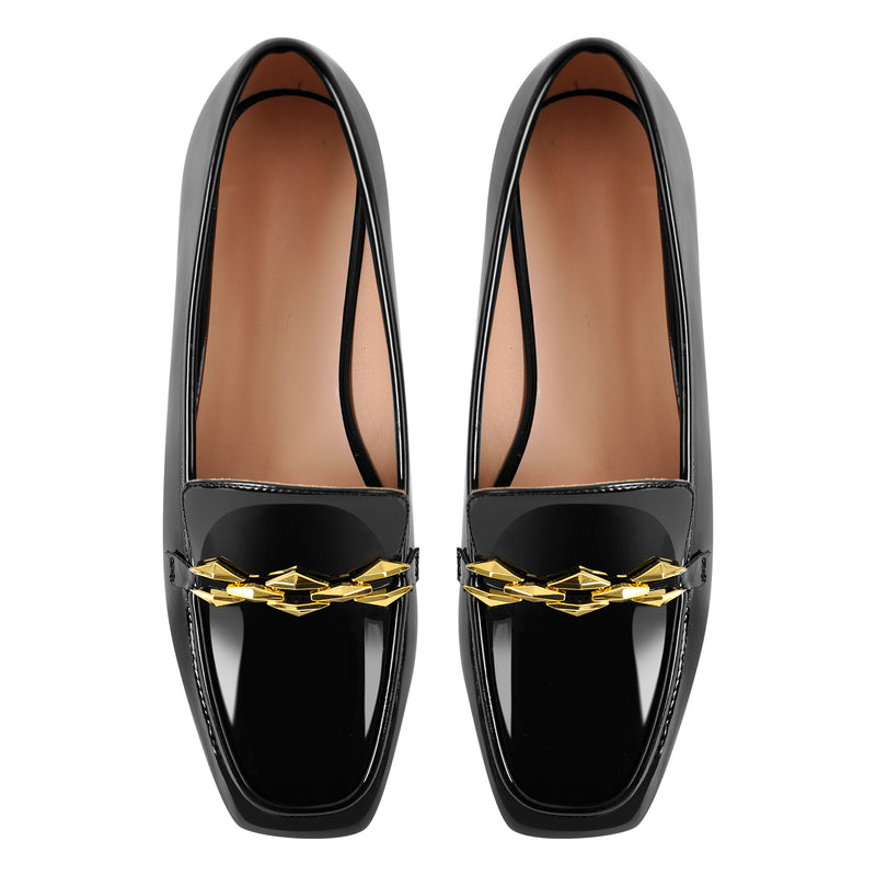 Square Toe Metal Chain Patent Leather Loafer Flats