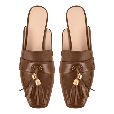 Square Toe Fringe Chunky Heel Mules