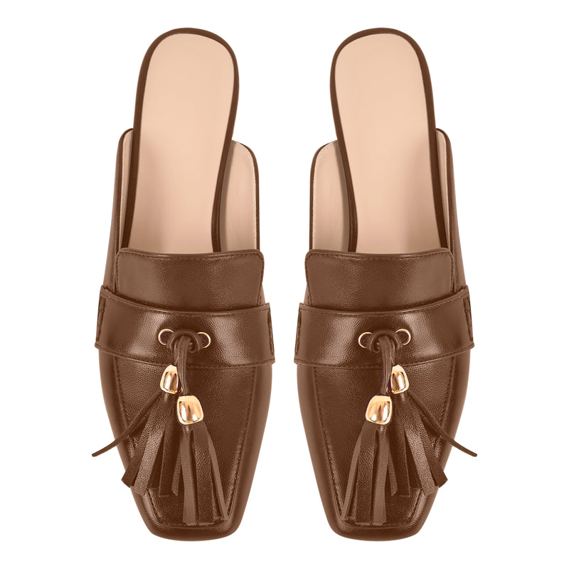 Square Toe Fringe Chunky Heel Mules