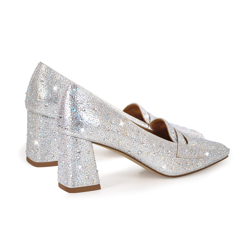 Silver Rhinestone Square Toe Chunky Heel Pumps