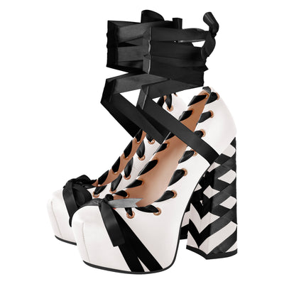 Bow Lolita Platform Lace-up Chunky Heel Pumps