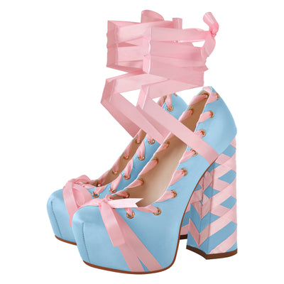 Bow Lolita Platform Lace-up Chunky Heel Pumps