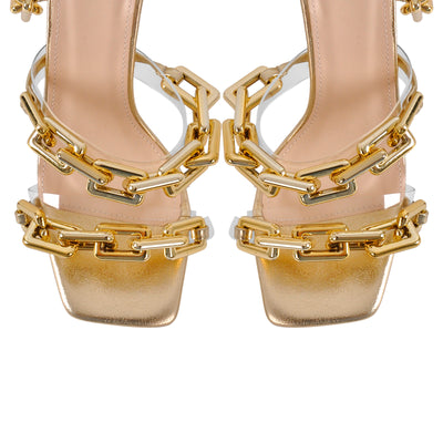 Gold Square Toe Metal Chain Lace-up Stiletto Sandals