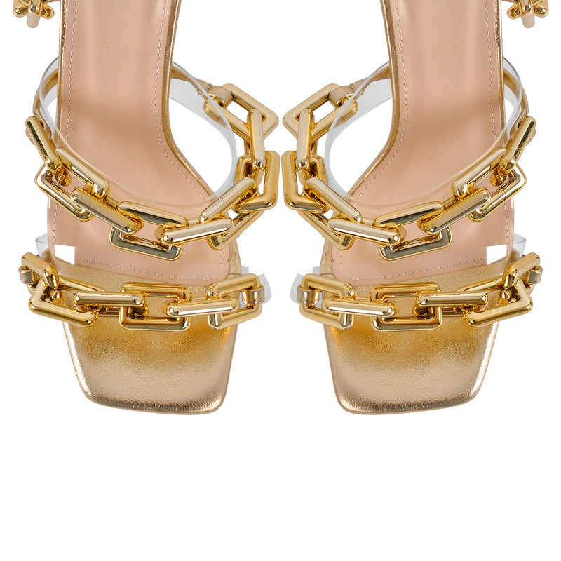 Gold Square Toe Metal Chain Lace-up Stiletto Sandals