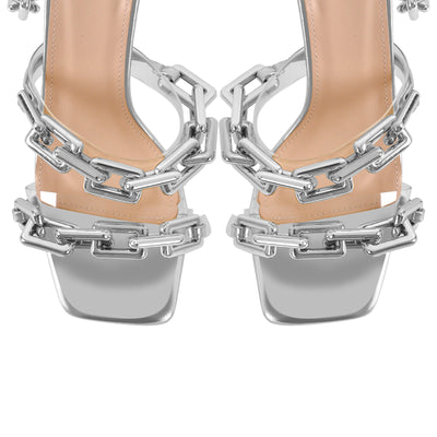 Gold Square Toe Metal Chain Lace-up Stiletto Sandals