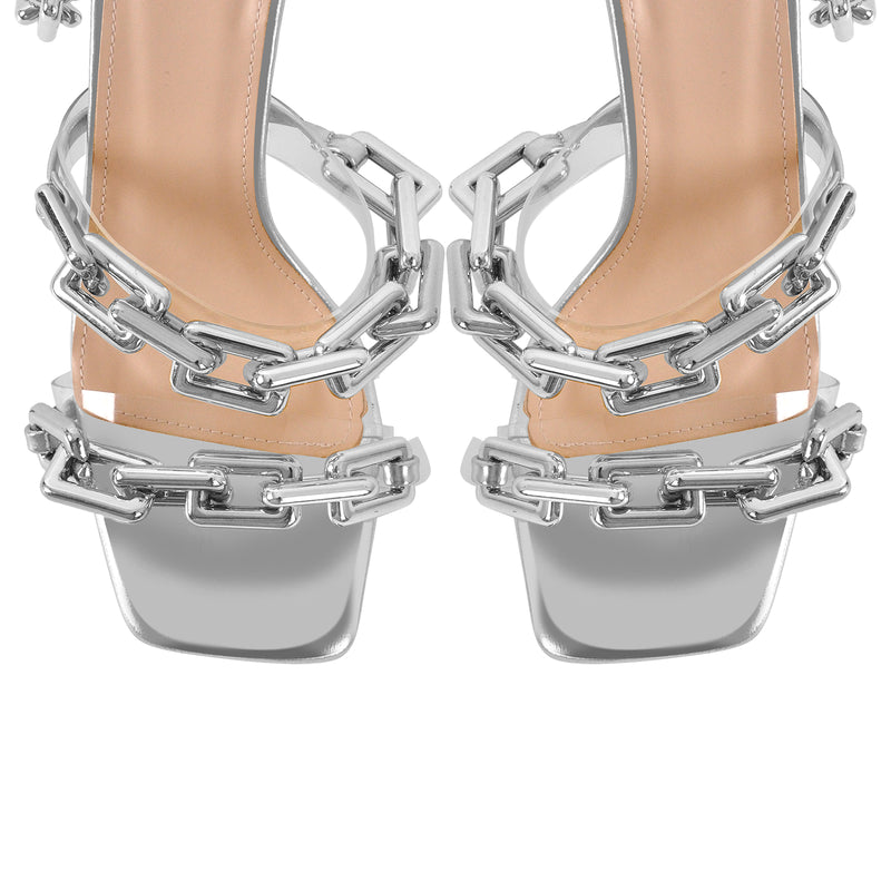 Gold Square Toe Metal Chain Lace-up Stiletto Sandals