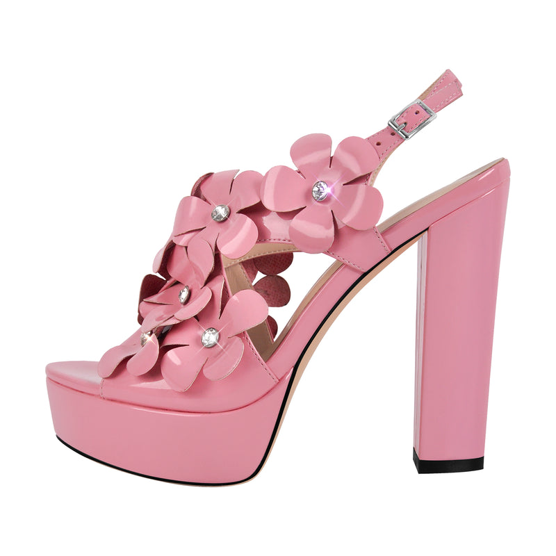 Flower Rhinestone Platform Chunky Heel Slingback Sandals