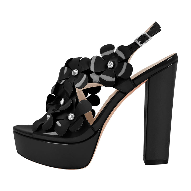 Flower Rhinestone Platform Chunky Heel Slingback Sandals