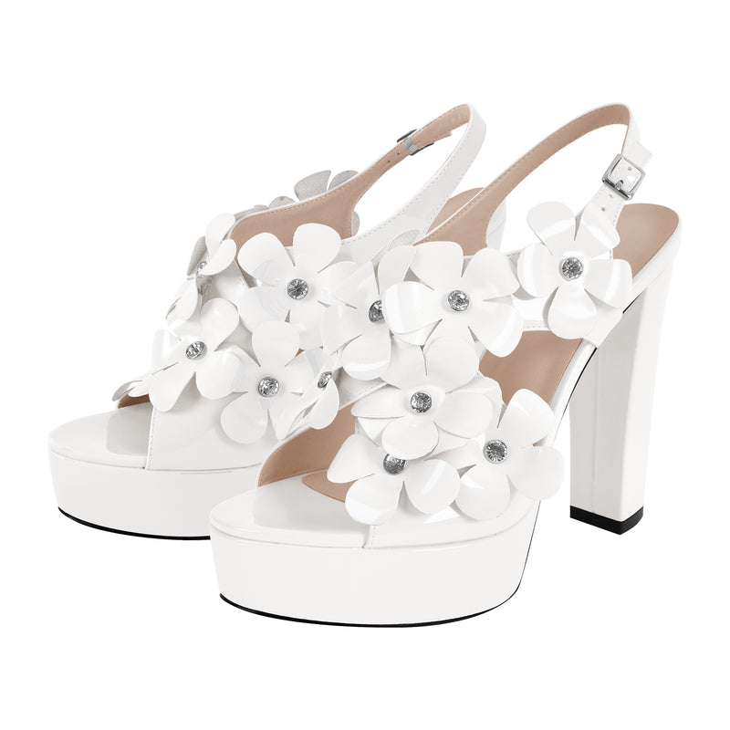 Flower Rhinestone Platform Chunky Heel Slingback Sandals