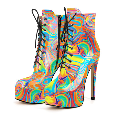 Platform Lace-up Stiletto Printed Ankle Boots