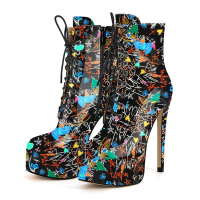 Platform Lace-up Stiletto Printed Ankle Boots