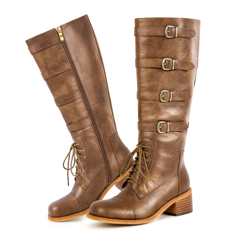 Square Toe Multi Buckle Knee High Boots