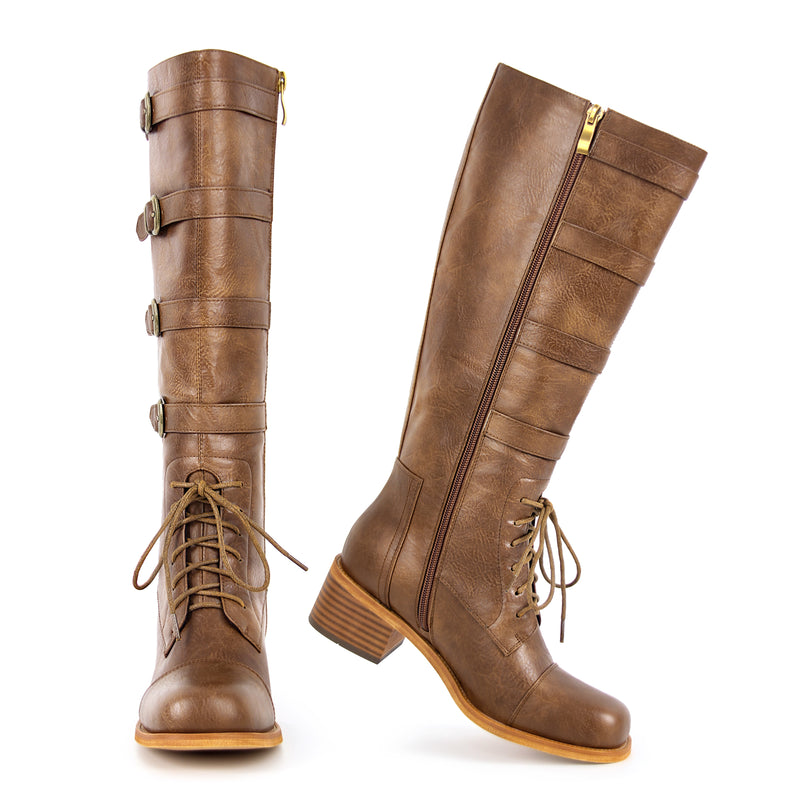 Square Toe Multi Buckle Knee High Boots