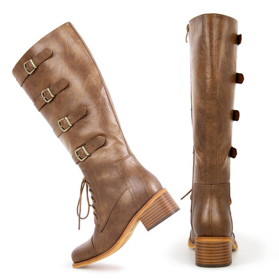 Square Toe Multi Buckle Knee High Boots