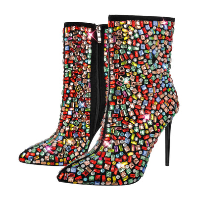 Pointed Toe Colorful Rhinestones Ankle Boots