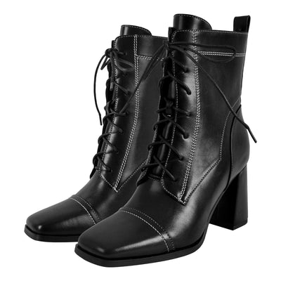 Square Toe Lace-up Chunky Heel Ankle Boots