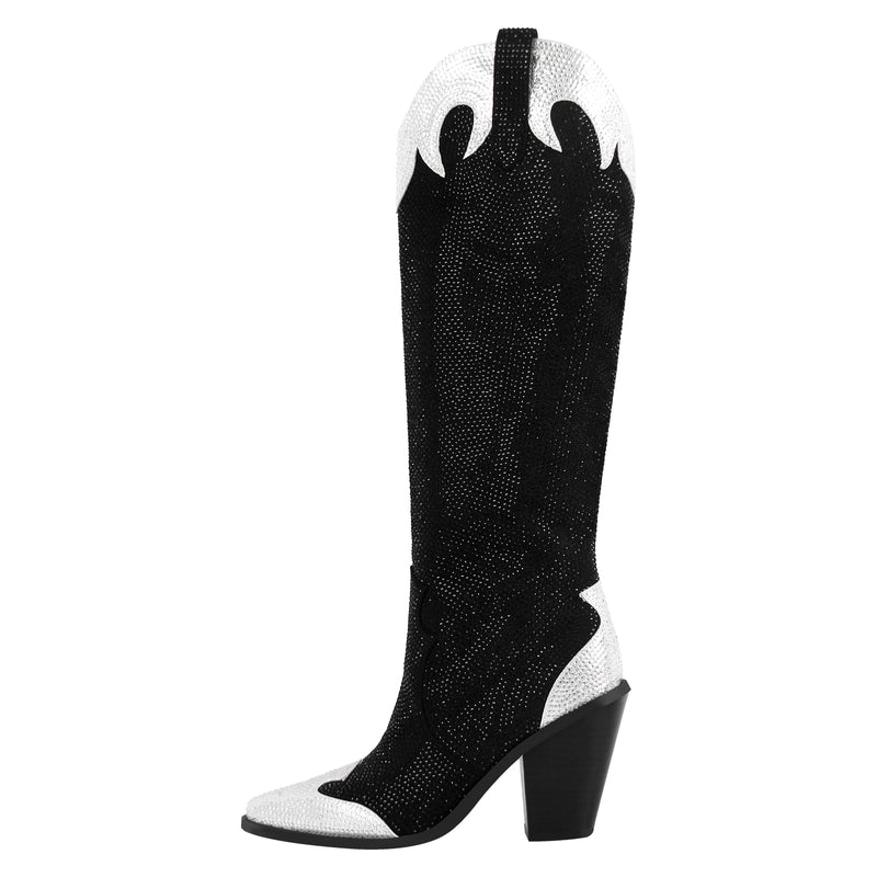 Rhinestone Chunky Heel Knee High Western Boots