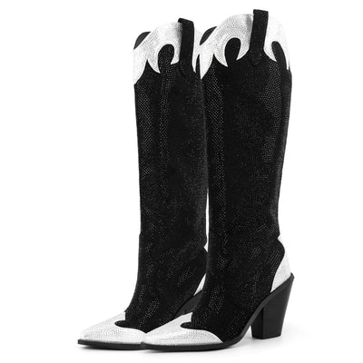 Rhinestone Chunky Heel Knee High Western Boots