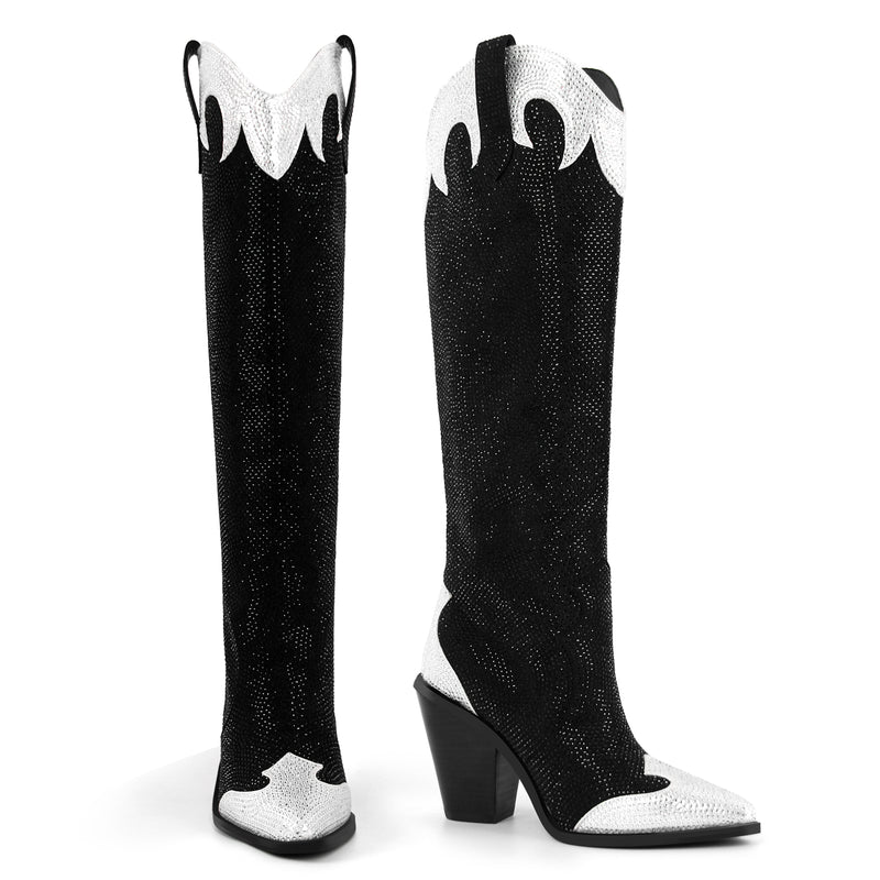 Rhinestone Chunky Heel Knee High Western Boots