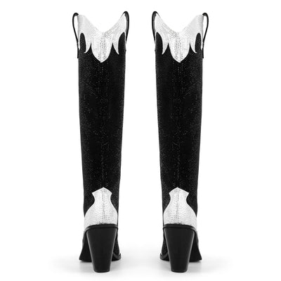 Rhinestone Chunky Heel Knee High Western Boots