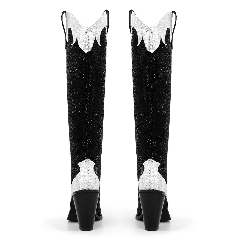 Rhinestone Chunky Heel Knee High Western Boots