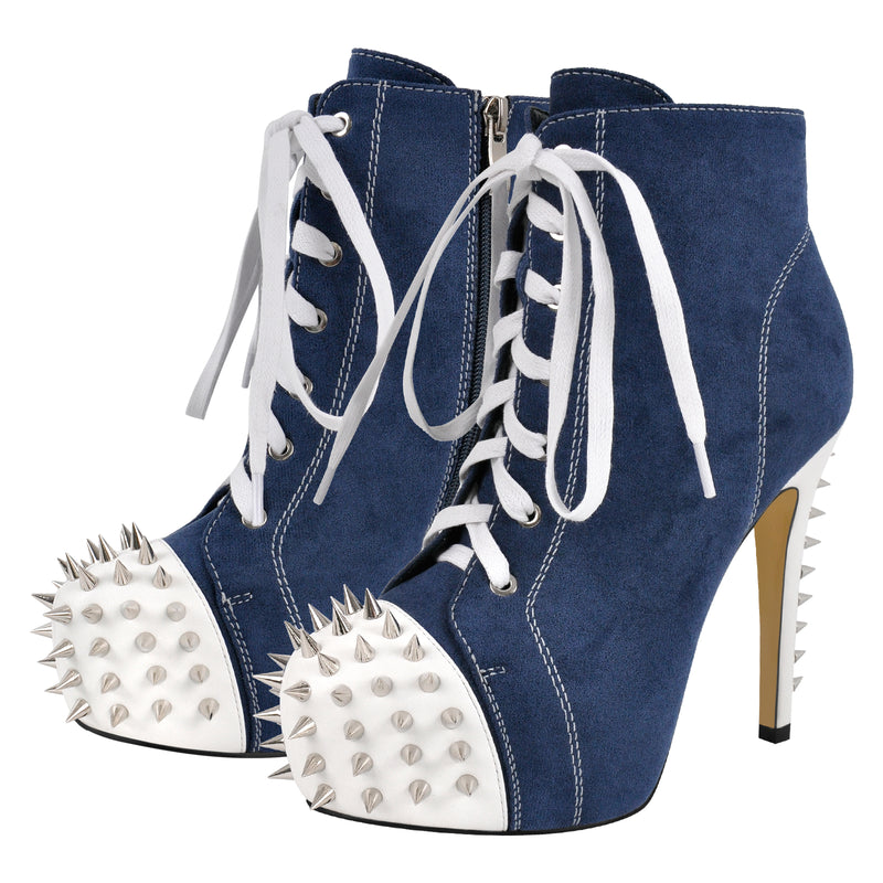 Rivet Platform Suede Lace-up Stiletto Ankle Boots