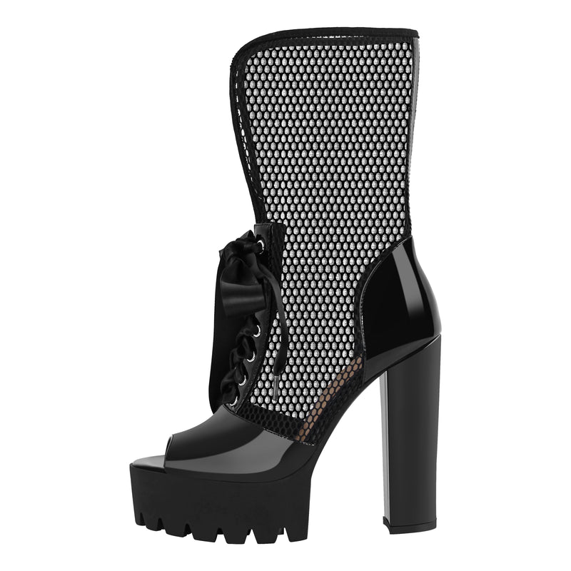 Peep Toe Mesh Platform Lace-up Boots Sandals