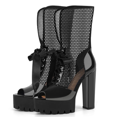 Peep Toe Mesh Platform Lace-up Boots Sandals