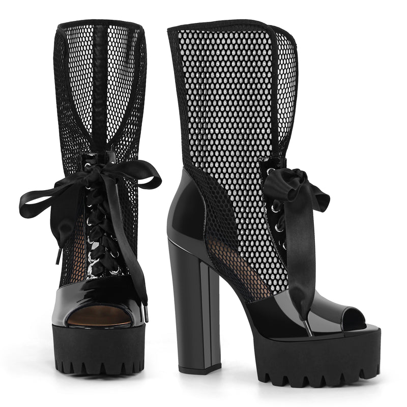 Peep Toe Mesh Platform Lace-up Boots Sandals