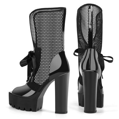 Peep Toe Mesh Platform Lace-up Boots Sandals