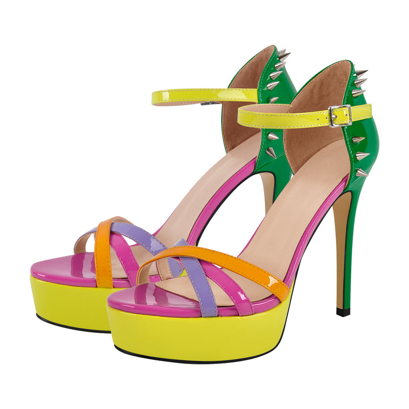 Multicolor Rivet Platform Ankle Strap Stiletto Sandals