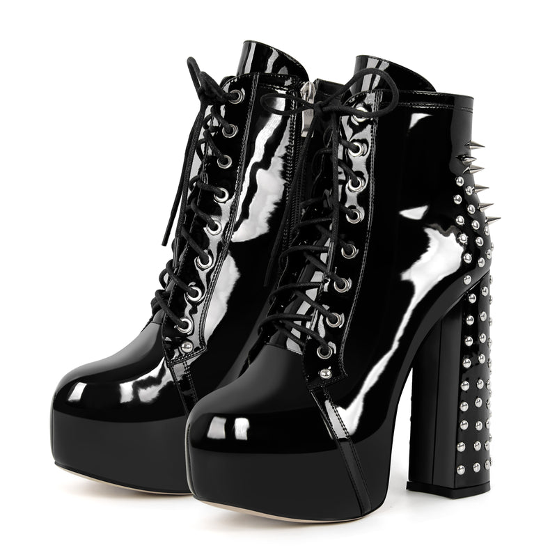 Rivet Platform Lace-up Chunky Heel Ankle Boots