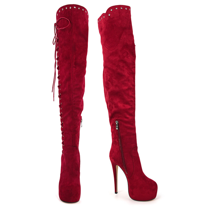 Platform Suede Lace-up Over The Knee Boots