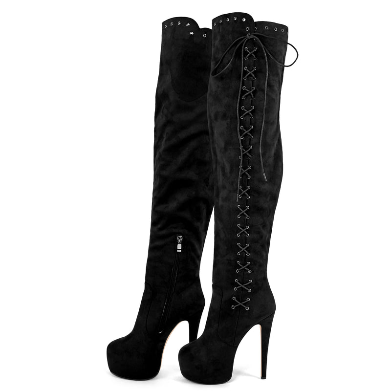 Platform Suede Lace-up Over The Knee Boots