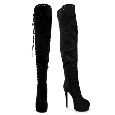 Platform Suede Lace-up Over The Knee Boots