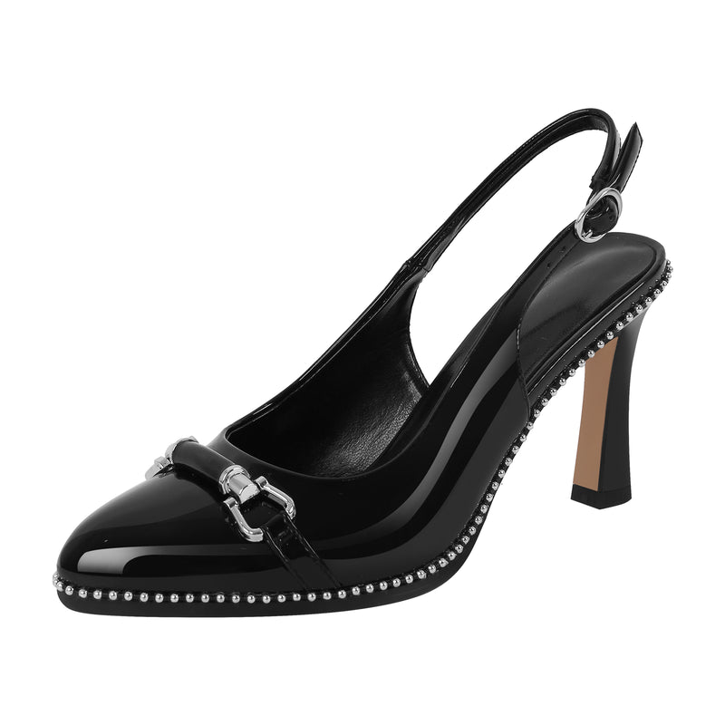 Pointed Toe Rivet Metal Buckle Slingback Pumps