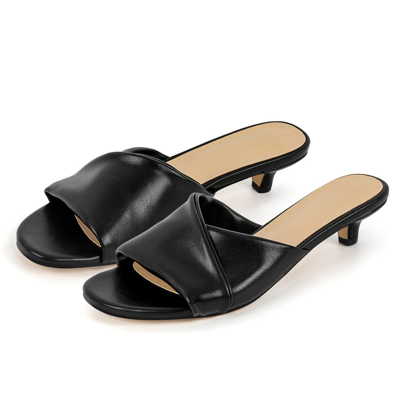 Black Round Toe Kitten Heel Mules