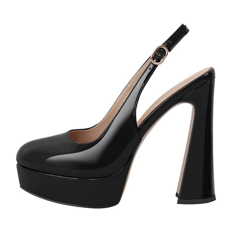 Round Toe Platform Patent Leather Slingback Pumps