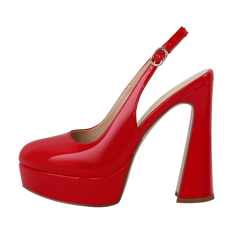 Round Toe Platform Patent Leather Slingback Pumps