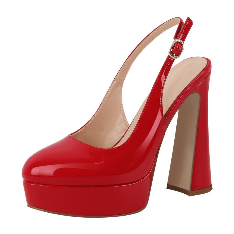 Round Toe Platform Patent Leather Slingback Pumps