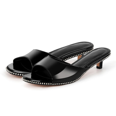 Round Toe Rivet Kitten Heel Mules