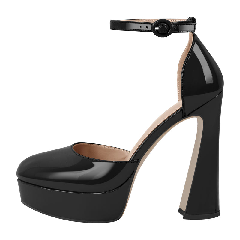 Round Toe Platform Ankle Strap Pumps