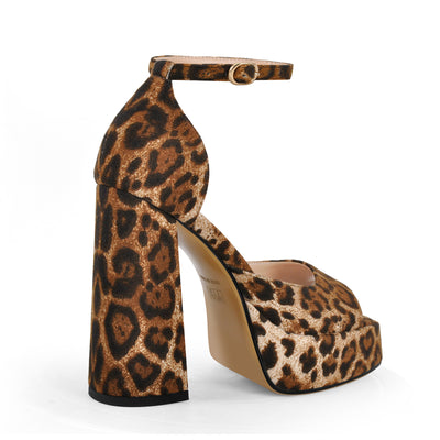 Leopard Platform Ankle Strap Chunky Heel Sandals